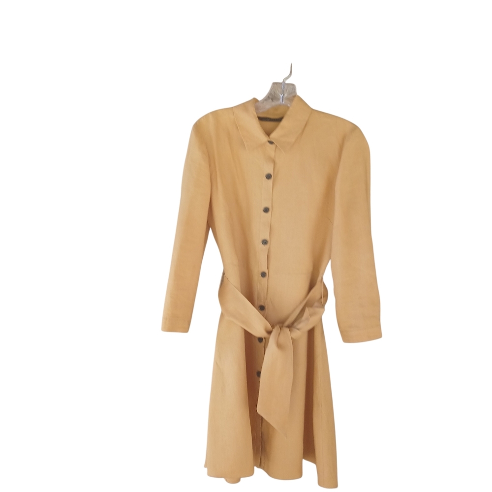 Zara Gold 3/4 Sleeve Belted Linen Midi Dress Medium